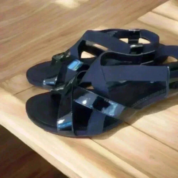 White Mountain black Patent-look slip-on sandals size 8M. 2” heels. - Picture 2 of 6